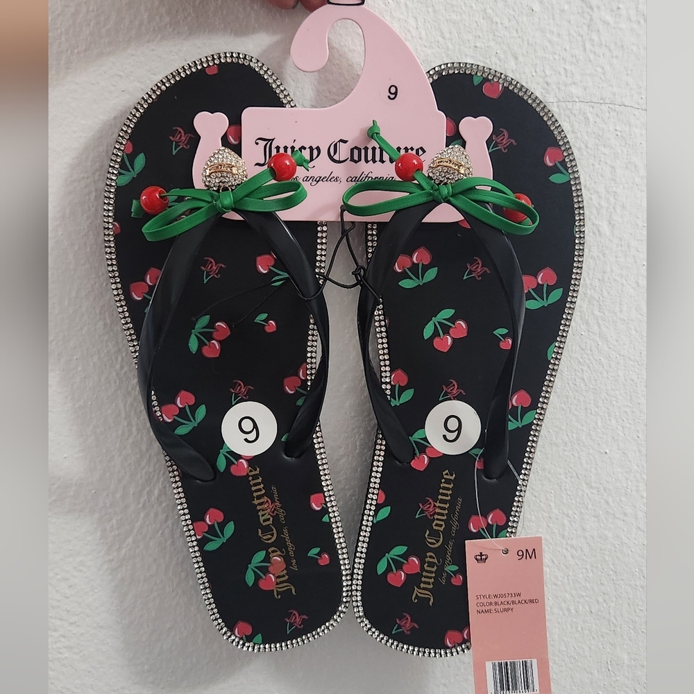Juicy Couture Cherry Flip Flops with Rhinestone Trim  Size 9 (38/39) - Picture 3 of 14